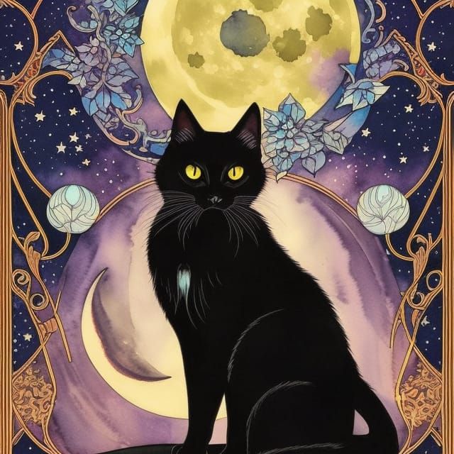 Art Nouveau Watercolor of Black Cat and Moon