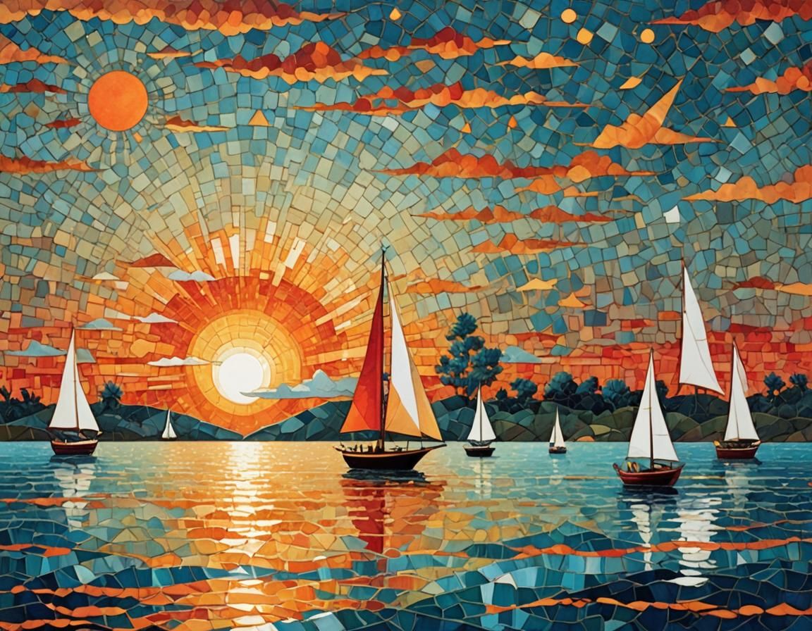 Teal Sailboat Silhouetted by Orange Sunset, Mixed Media