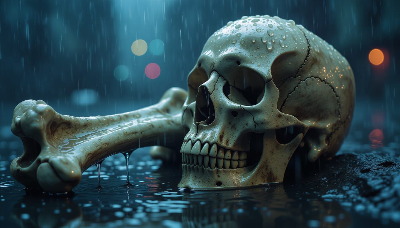 Cyberpunk Rain on Ancient Bones: Macro Photo