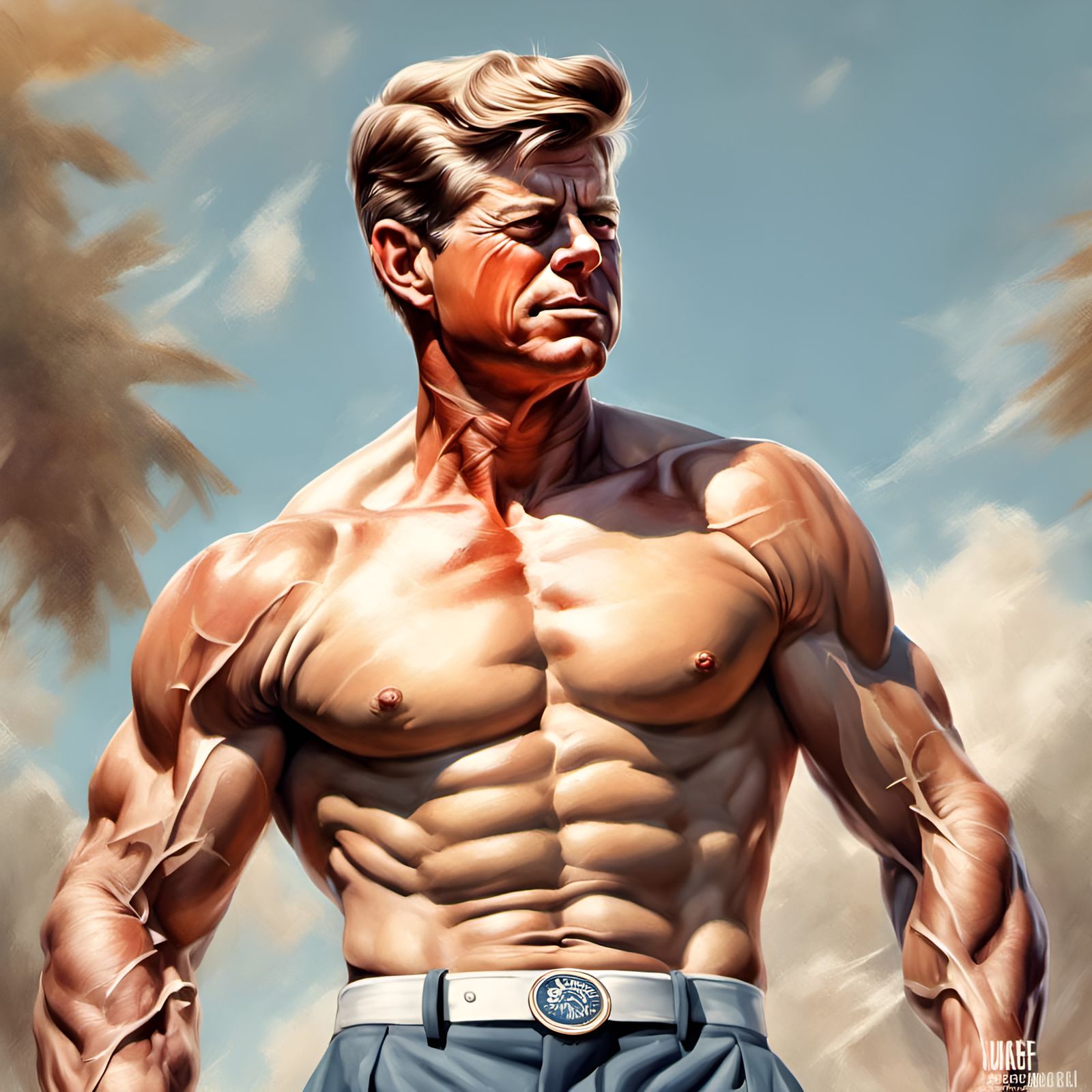 Muscular JFK Portrait in Pin-Up Style
