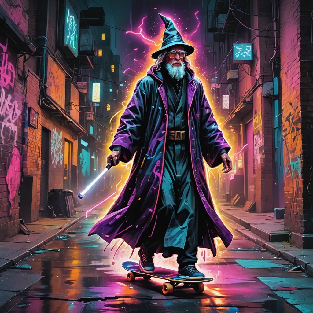 Cyberpunk Wizard on Skateboard in Neon Cityscape