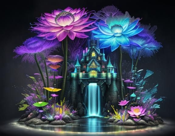 Surreal Castle Landscape with Black Fungus and Stained Glass