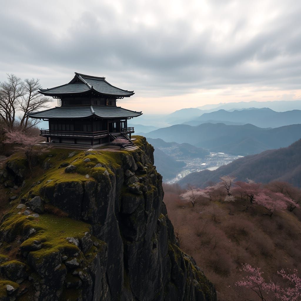 Japanese Shrine on Jagged Cliffside in Spring Valley