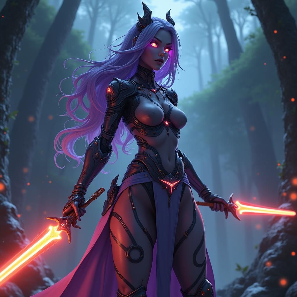 Cyborg Night Elf with Glowing Sword in Anime Style