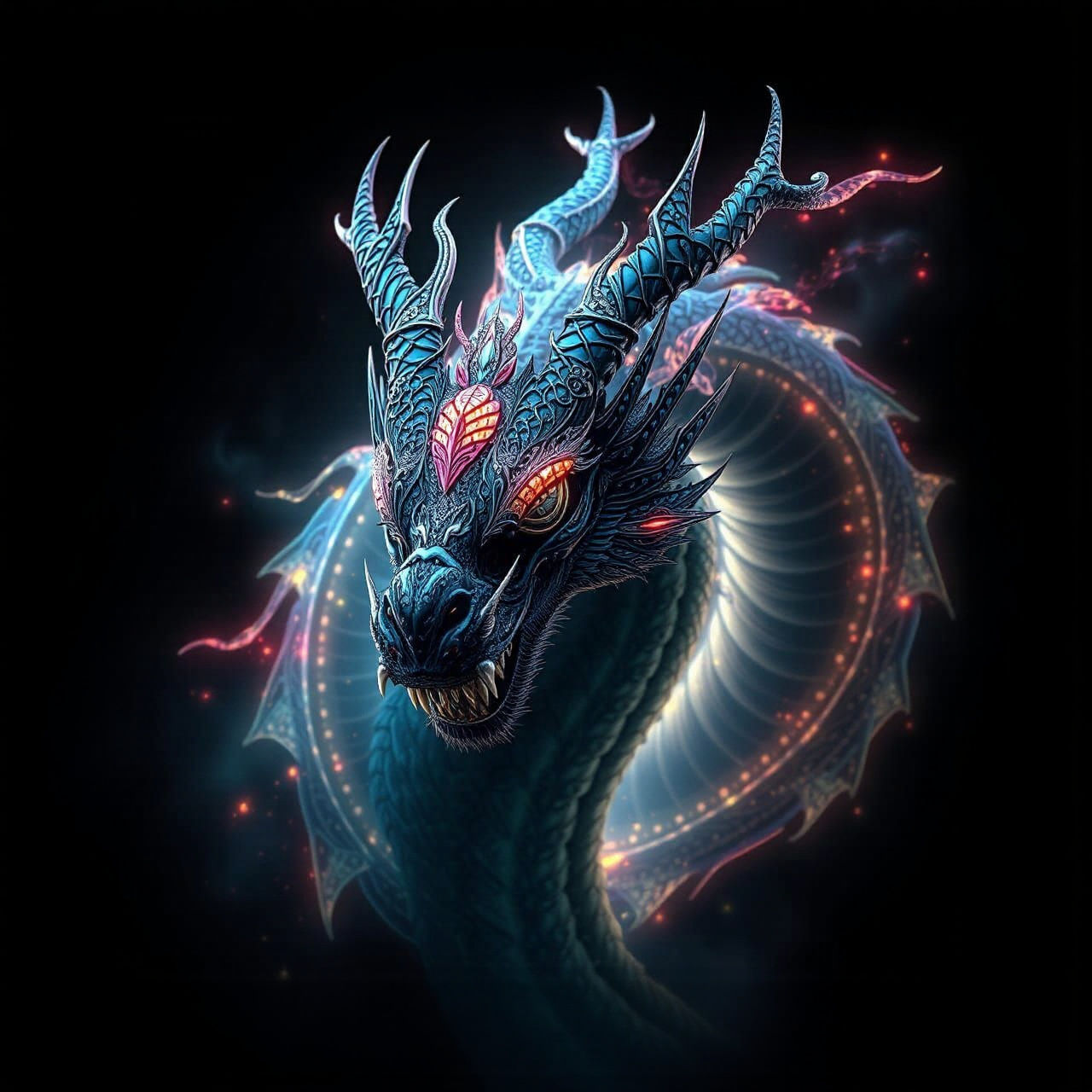 Bioluminescent Dragon Portrait in Ethereal Filigree Style