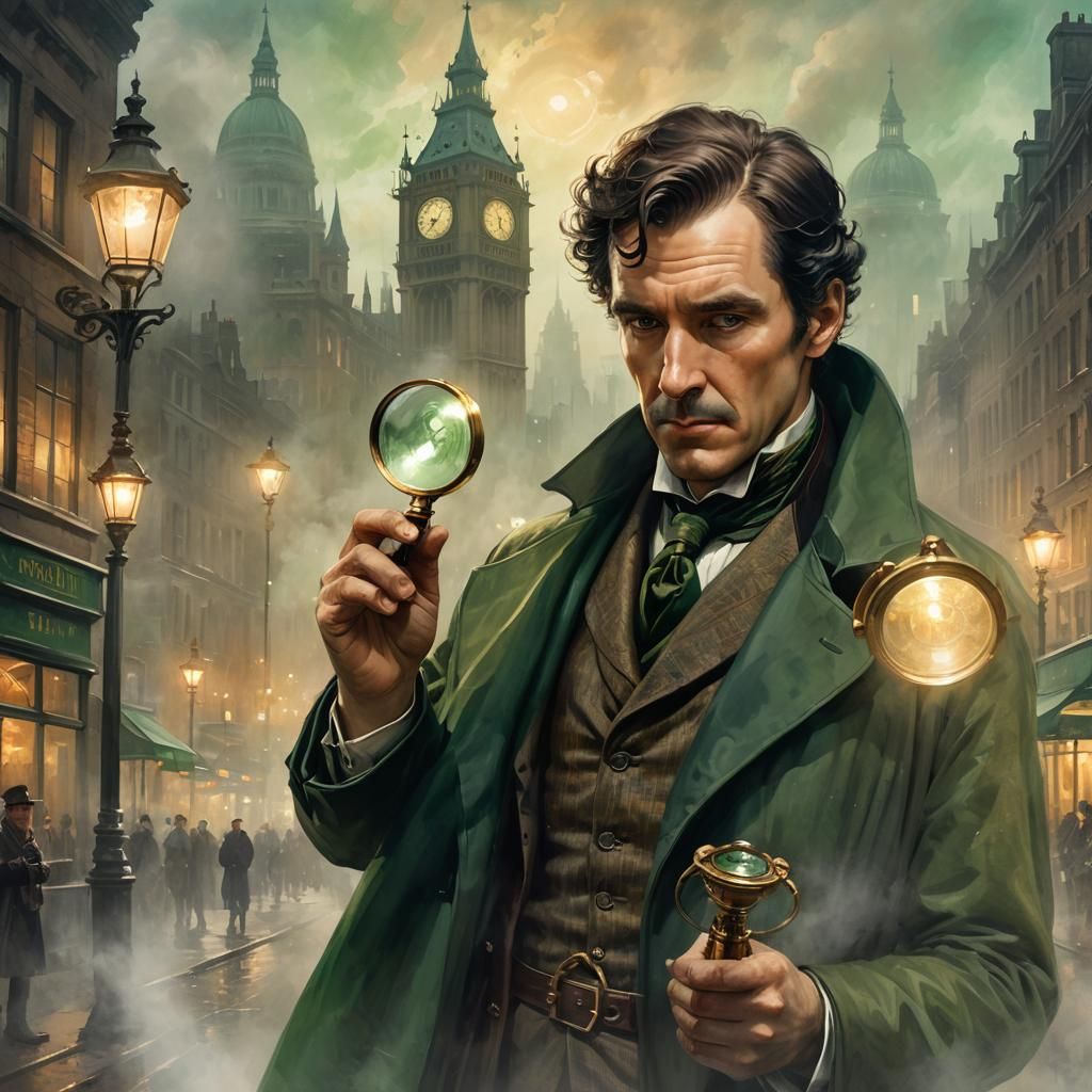 Sherlock Holmes Portrait with Golden Light, Detailed Concept...