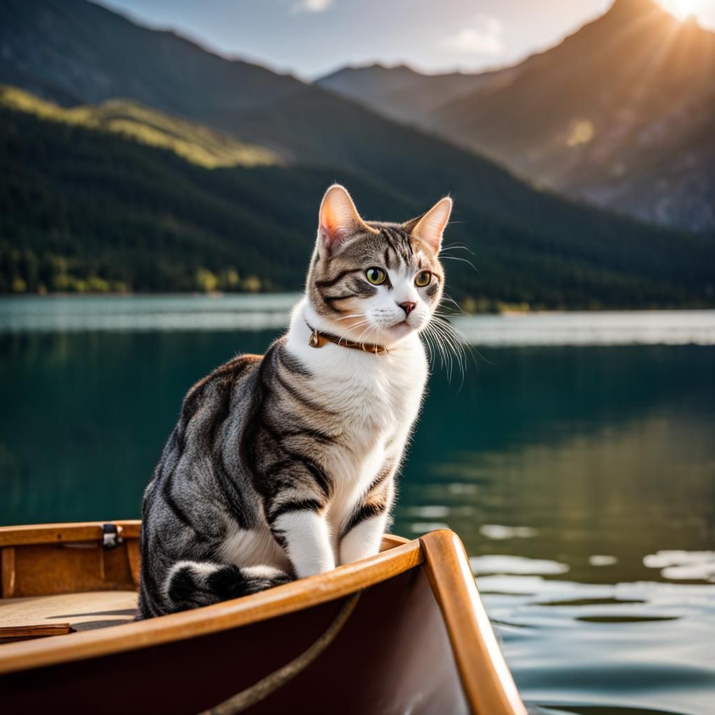 American Shorthair Cat Enjoying Boat Ride on Mountain Lake