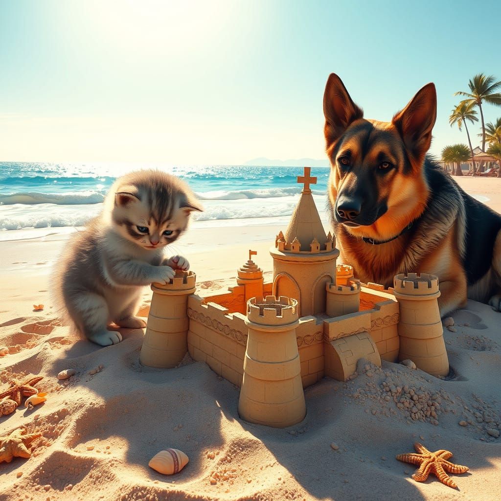 A Whimsical Beachside Sandcastle Built by a Kitten and a Ger...