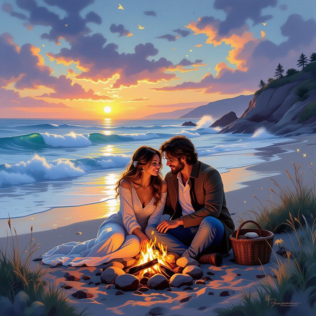 Bioluminescent Beach Gouache Painting with Couple