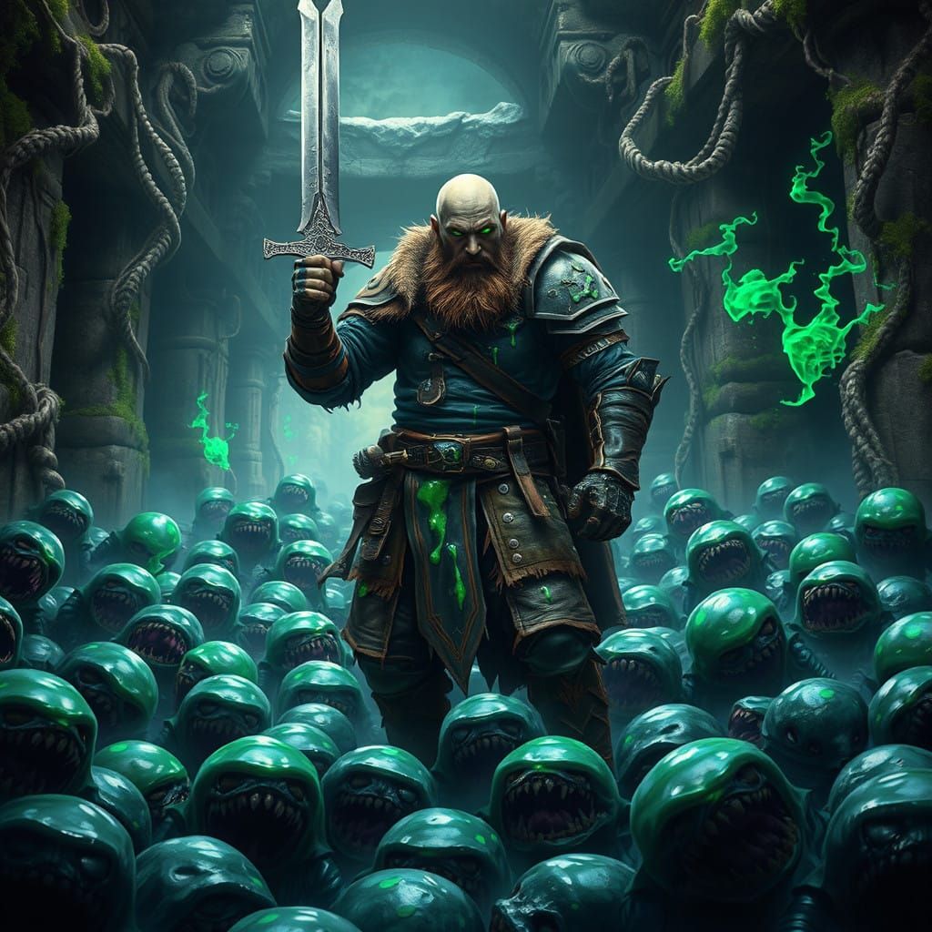 Grizzled Warrior Emerges Victorious Over Defeated Slimes in....