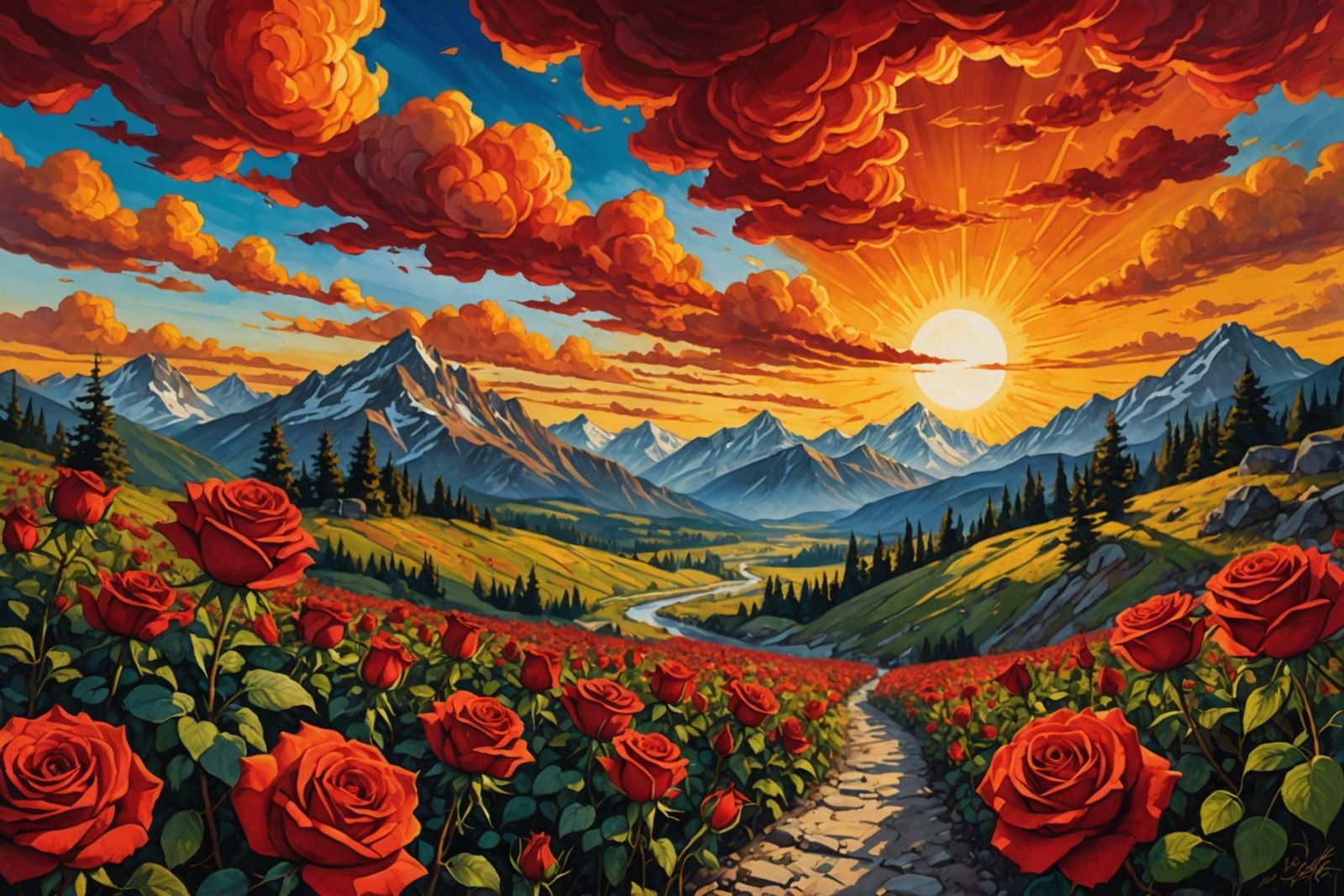 Graveyard Scene with Roses, Creek, and Mountains