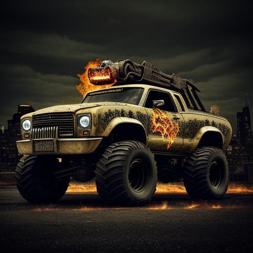 Candy paint monster truck hearse a skeleton is in the driver...