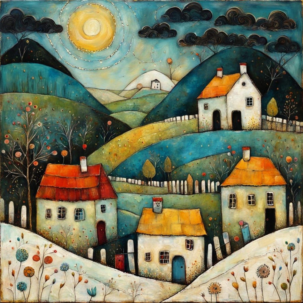 Whimsical Village Painting in Naive Folk Art Style
