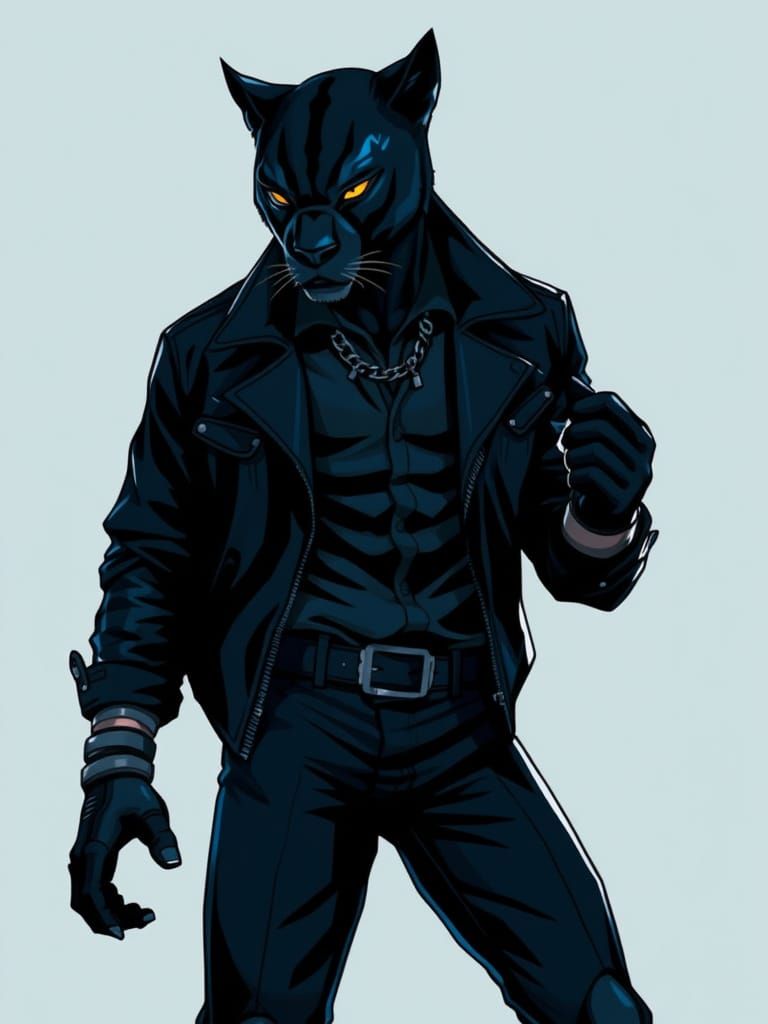 Confident Noir Panther Beastman in Futuristic Urban Attire