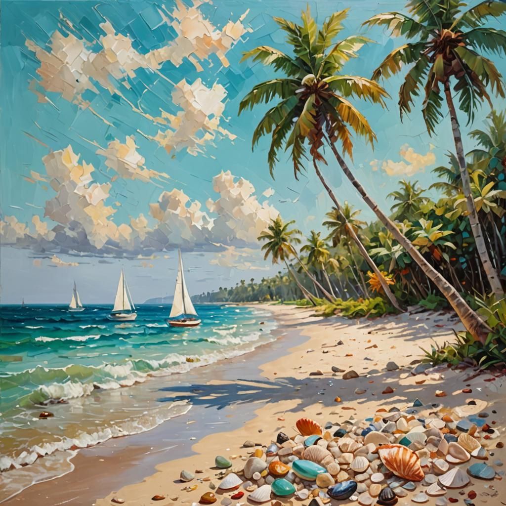 Tropical Beach Impressionist Oil Painting in Vivid Color