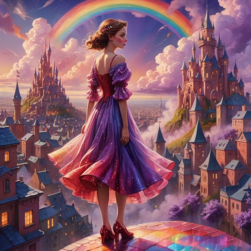 Dreamlike City Under Rainbow Sky: Surreal Fantasy Art
