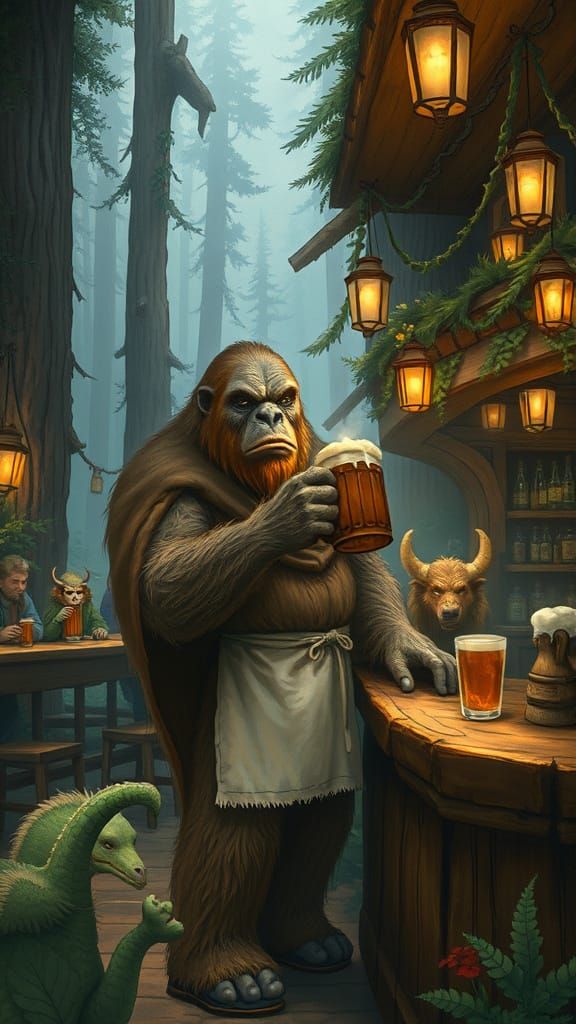 Sasquatch Barkeep in Whimsical Forest Pub