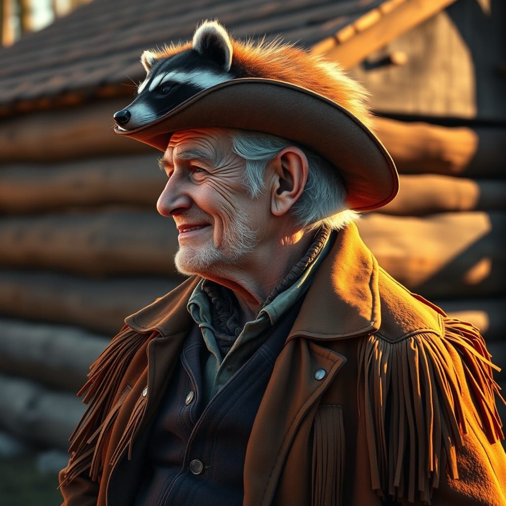 Elderly Frontiersman with Raccoon Hat in Golden Light