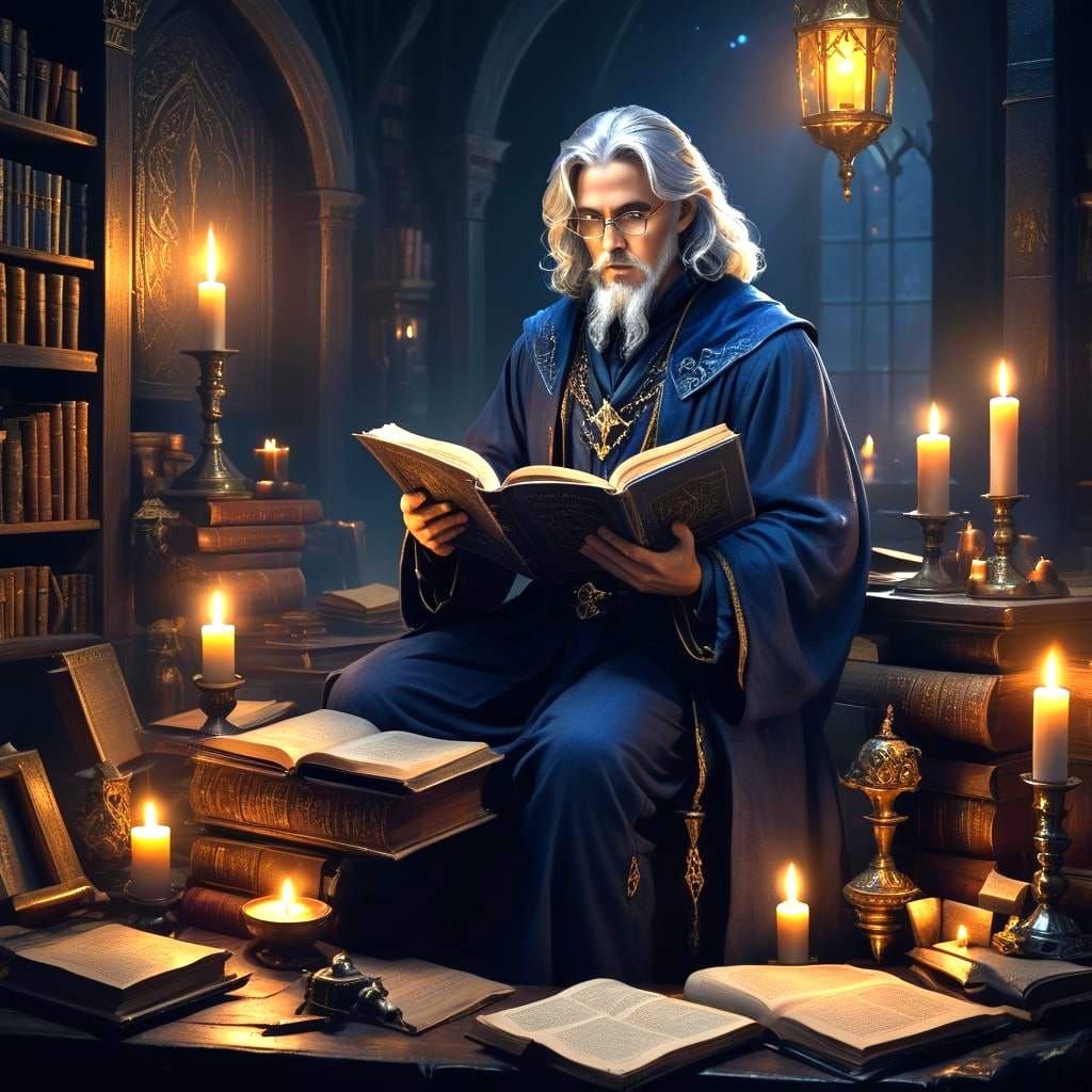 Handsome Wizard Reading a Spellbook in his Study
