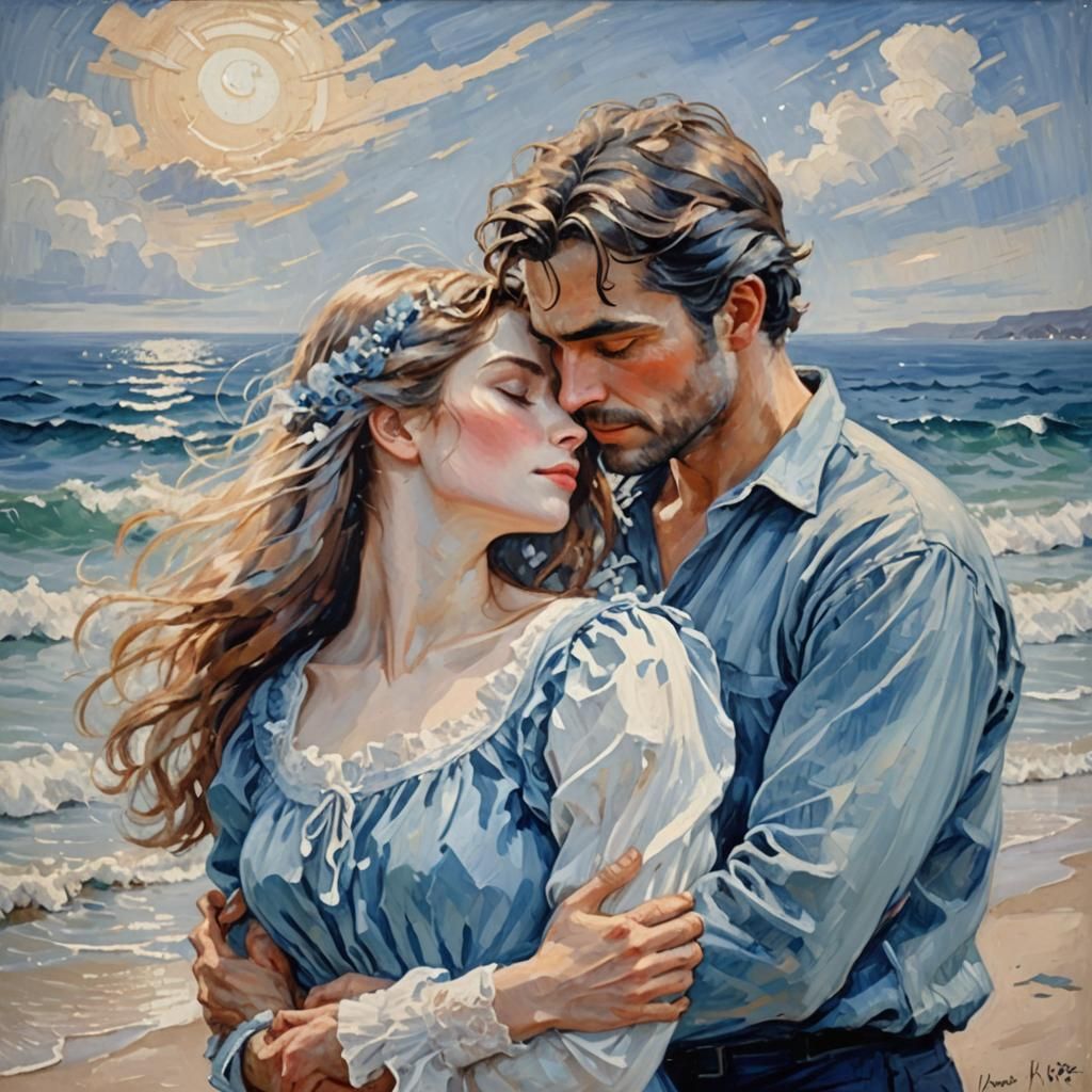 Romantic Seaside Embrace in Impressionist Style