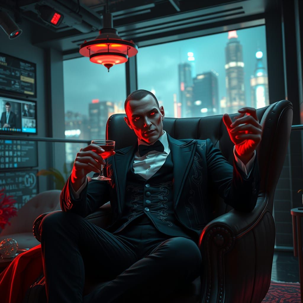 A modern vampire in a dimly lit, high-tech urban loft.
