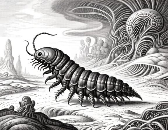 Giant Tardigrade in Stylized Landscape Graphite Drawing