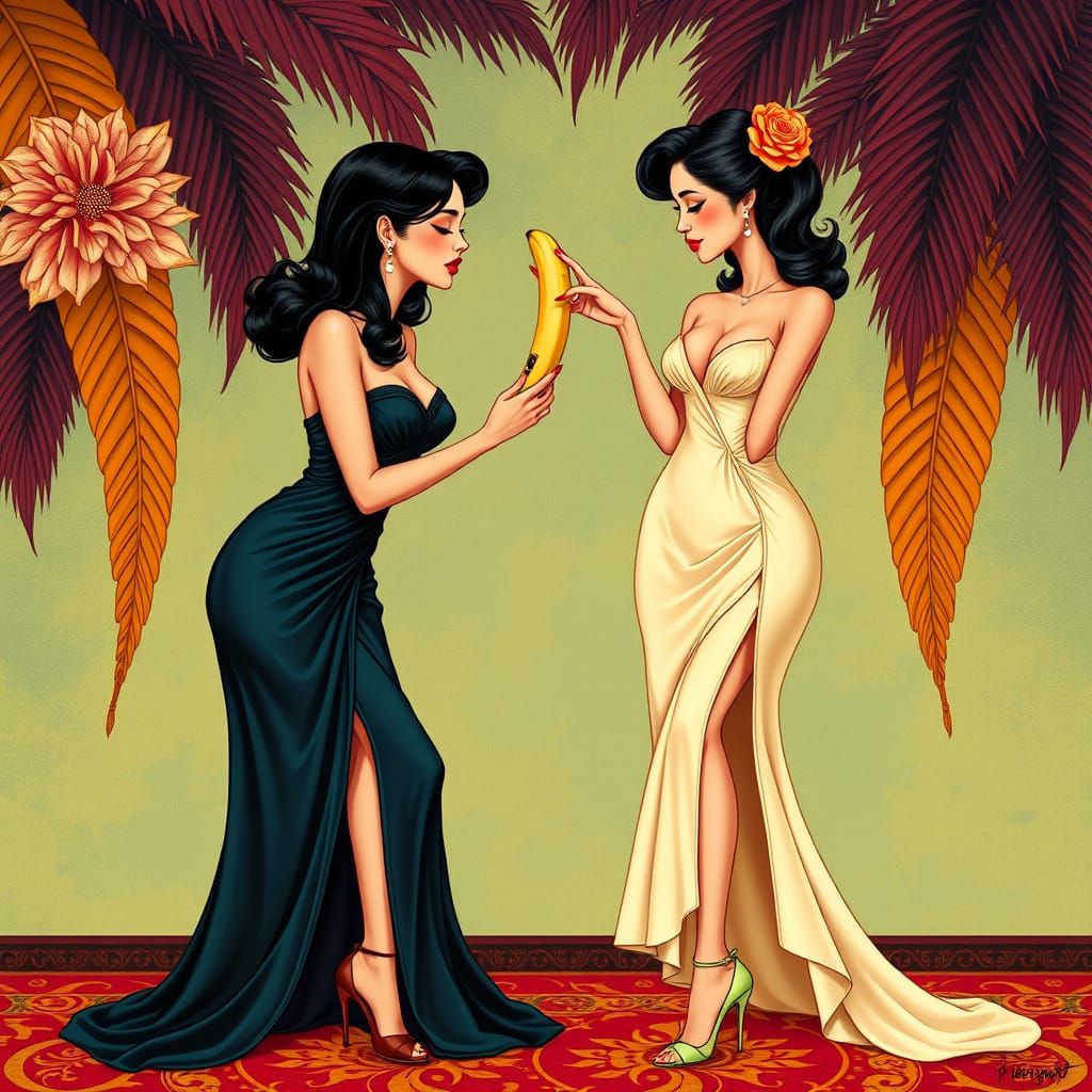 Elegant Women Sharing a Banana in Mucha Style