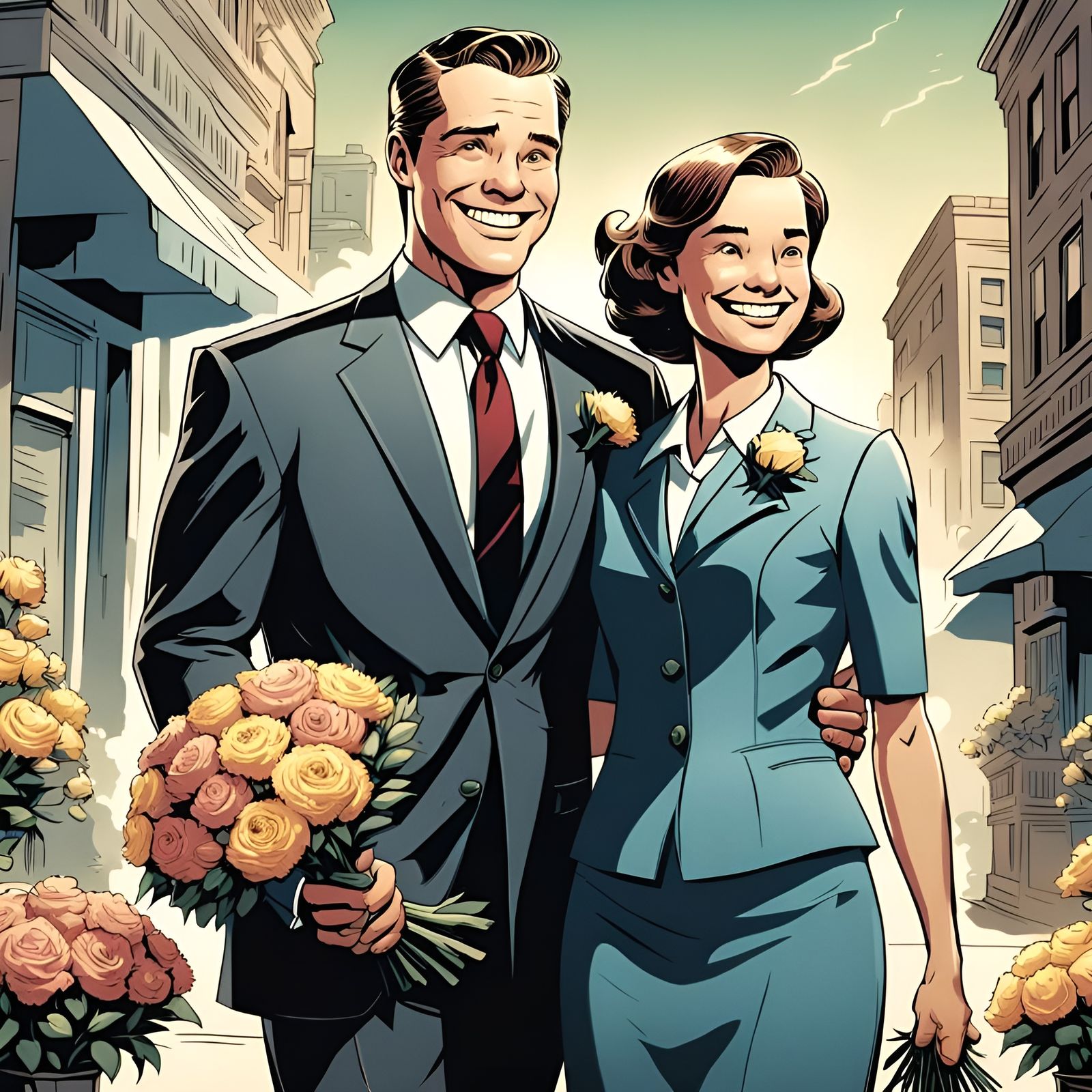 Vintage Comic Strip of Smiling Couple in Color