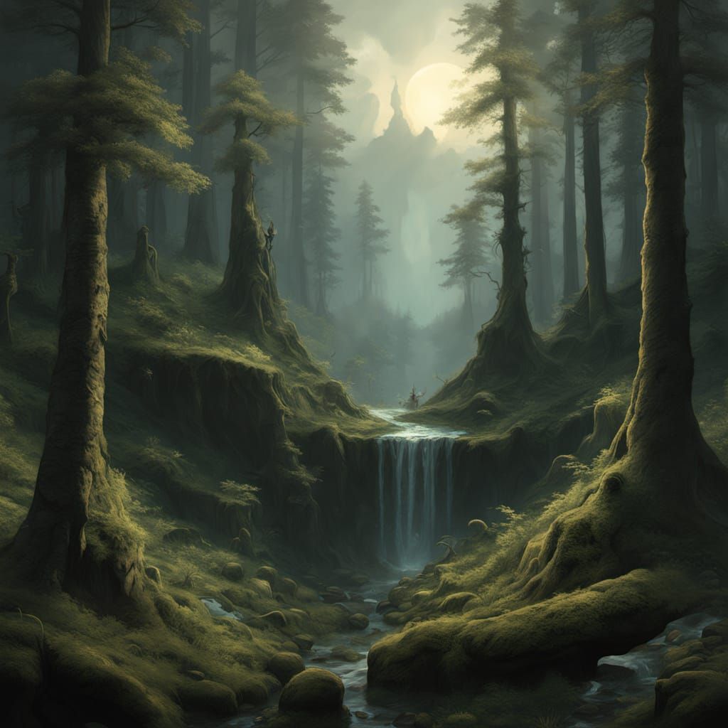 Majestic Finnish Forest Spirit in Ethereal Sunrise Landscape