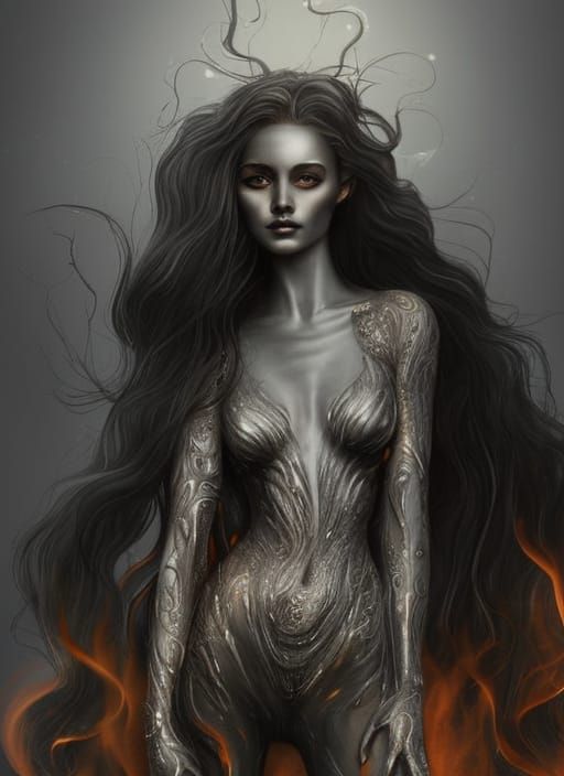 Silver Fire Woman in Surreal Style