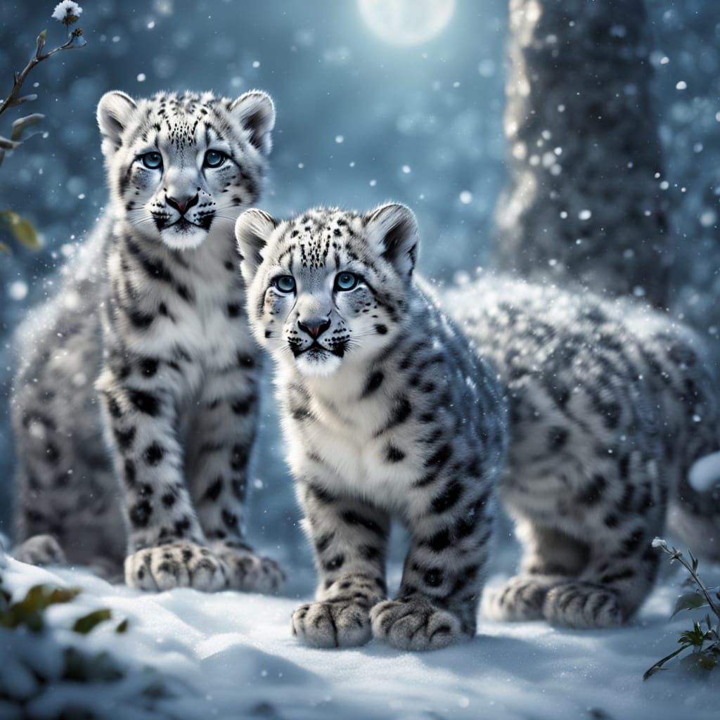 Two Snow Leopard Cubs in a Magical Forest