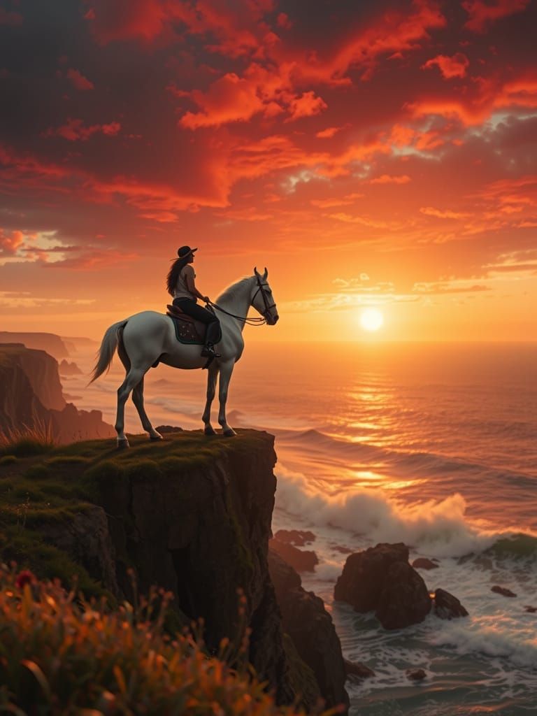 Person on White Horse Overlooks Ocean Sunset