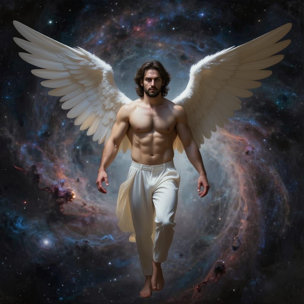 Male Angel with Green Eyes Steps into Infinity