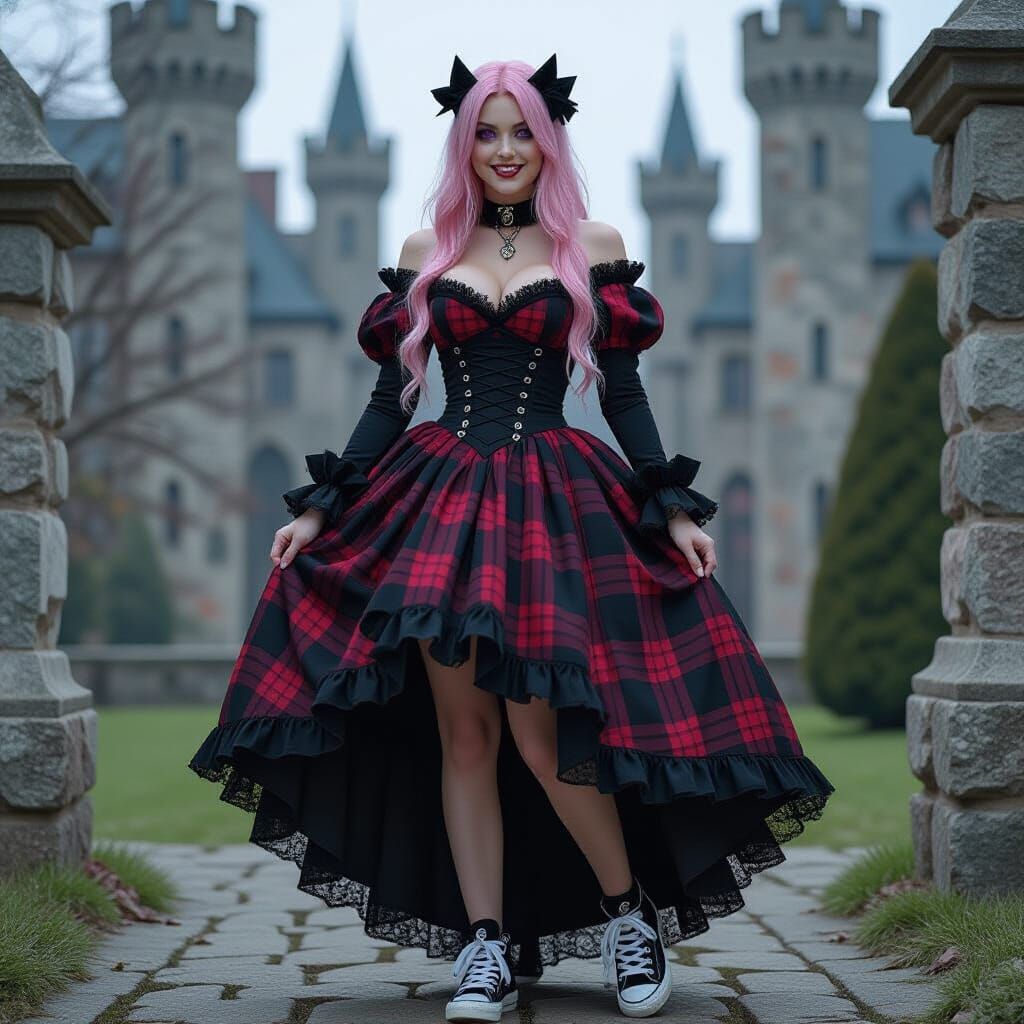 Gothic Castle Portrait of Pink Haired Woman in Plaid Gown