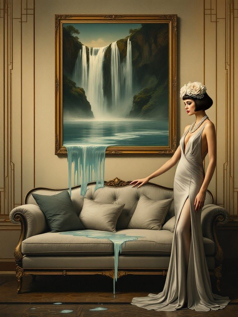 Surreal Waterfall Flows in Art Deco Dreamscape