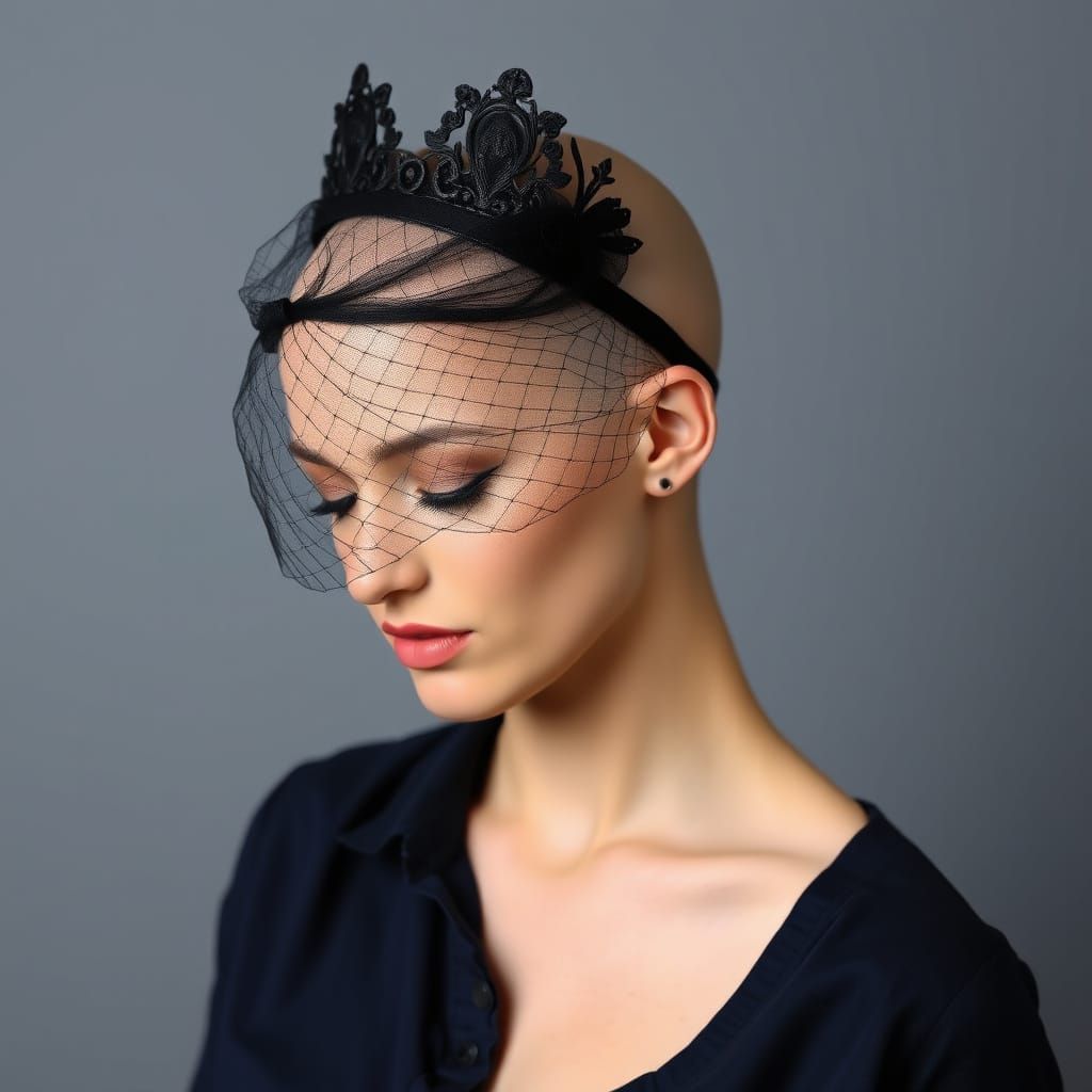 Bald Woman in Crown with Black Veil
