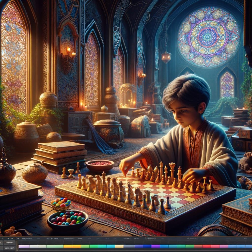 Young Iranian Child Plays Board Game in Fantasy Matte Painti...