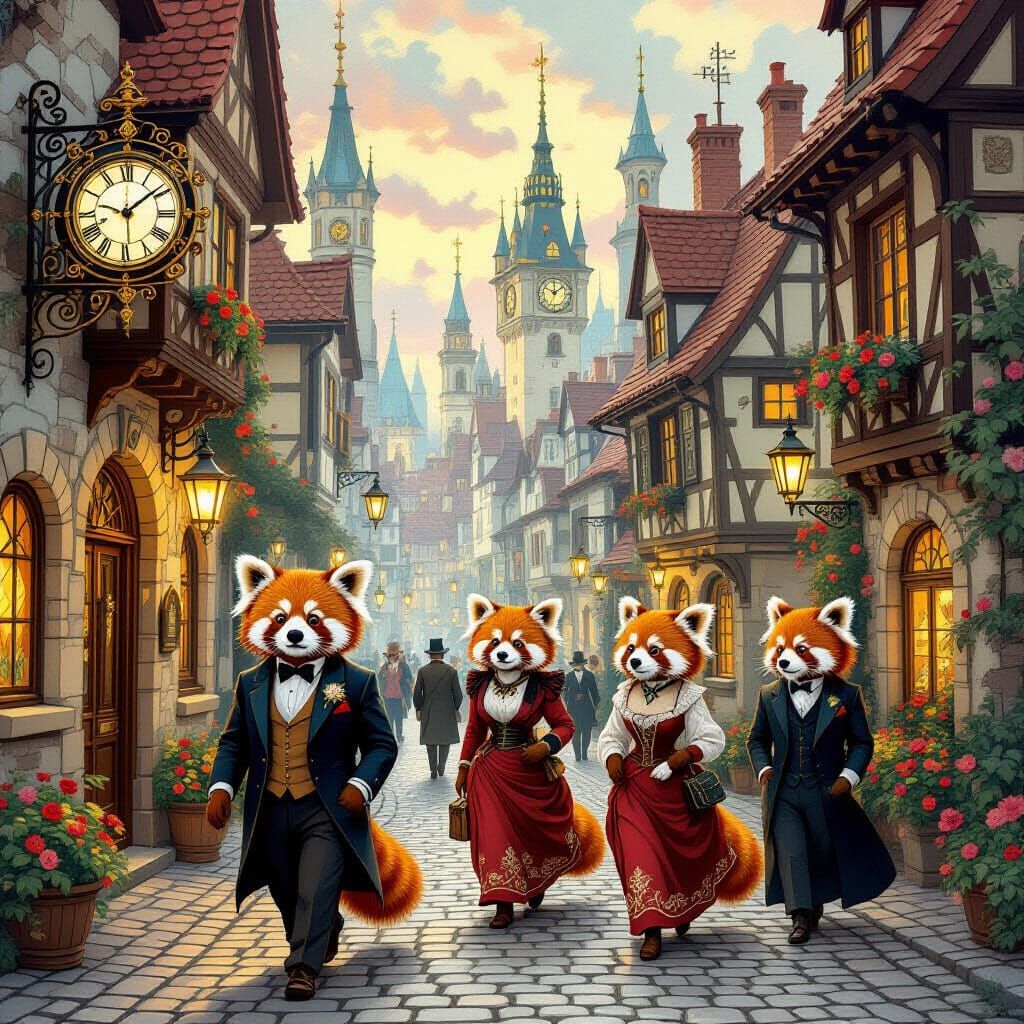 Red Pandas in Steampunk Cityscape, Art Nouveau Style