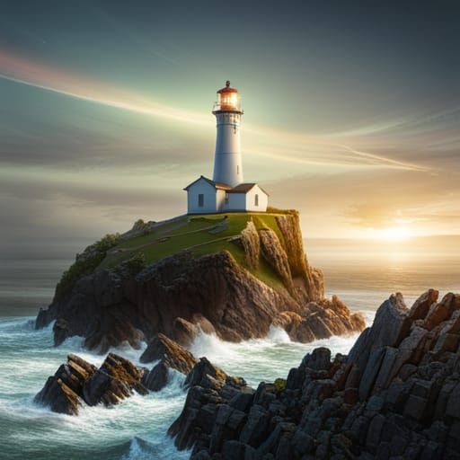 Lighthouse on Rocky Cliff with Seagulls