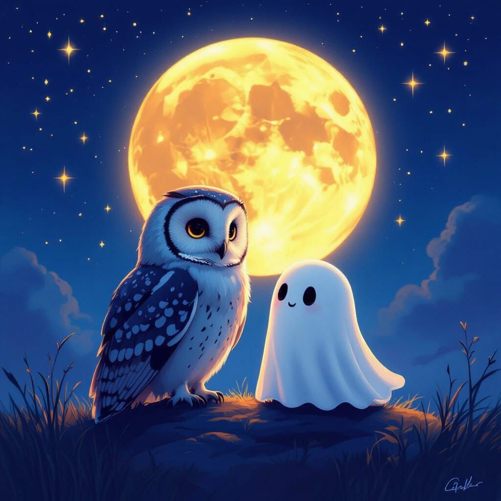 Owl and Ghost Under Opal Moon, Dreamy Digital Art