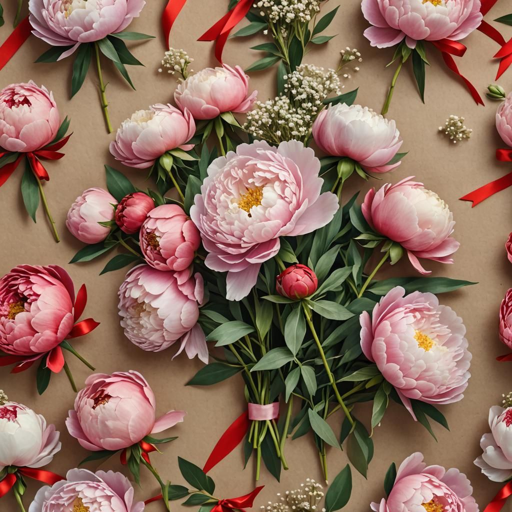 Close-Up Peony Bouquet in Craft Paper