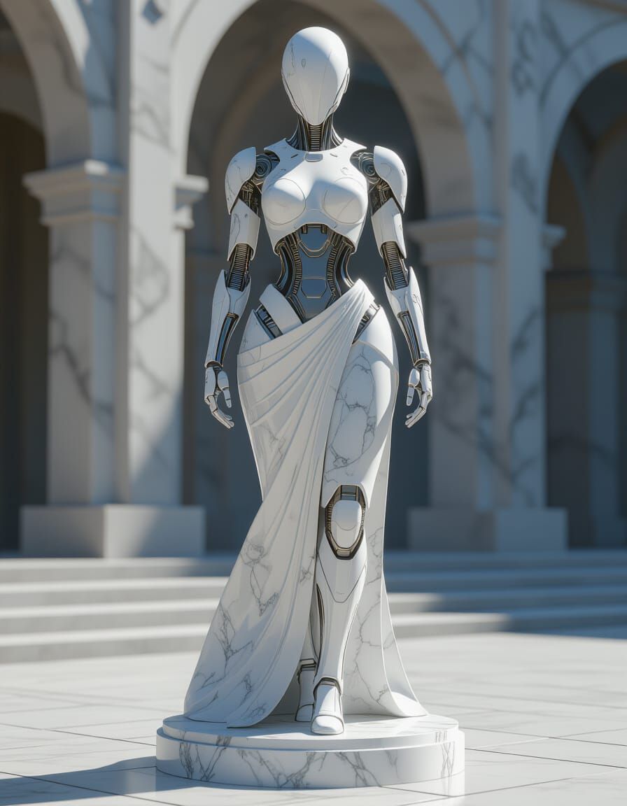 Futuristic Marble Statue with Intricate Mech Details