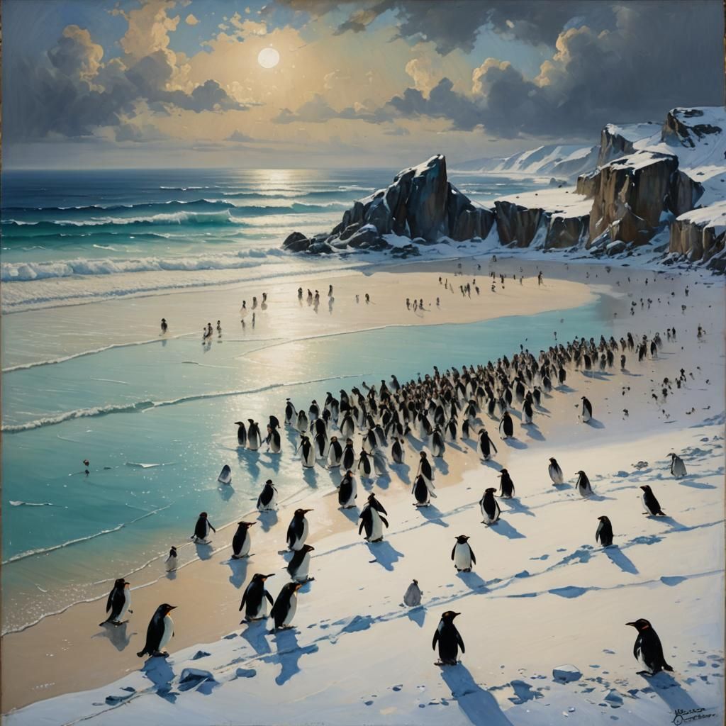Fantasy Beach Scene with Penguins in Oil Painting Style