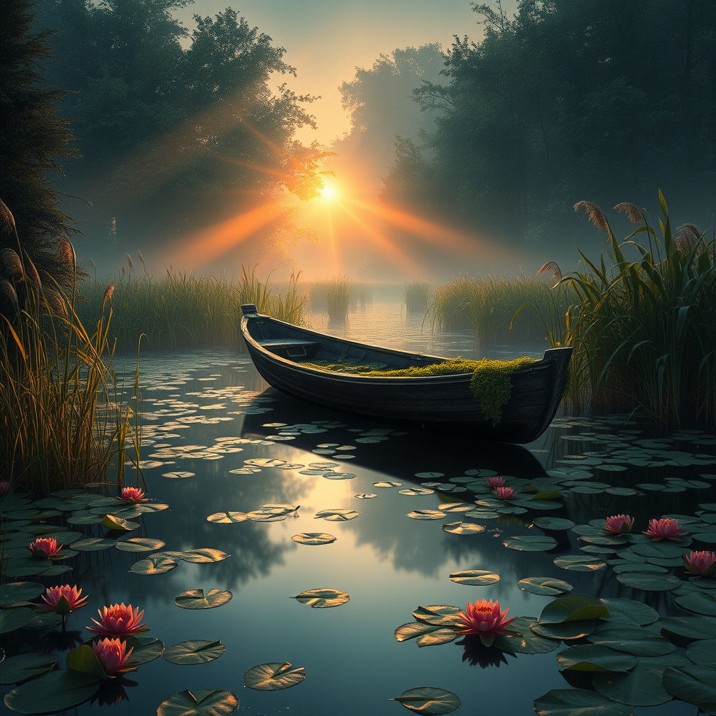 Golden Evening on a Serene Lake with Lonely Boat and Water L...