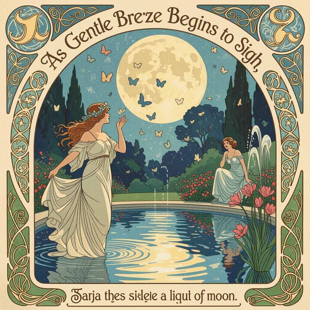 Art Nouveau Poem: Moonlit Fountains and Butterflies