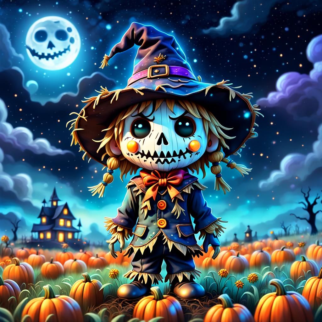 Chibi Scarecrow in Astral Halloween Field: 3D Render
