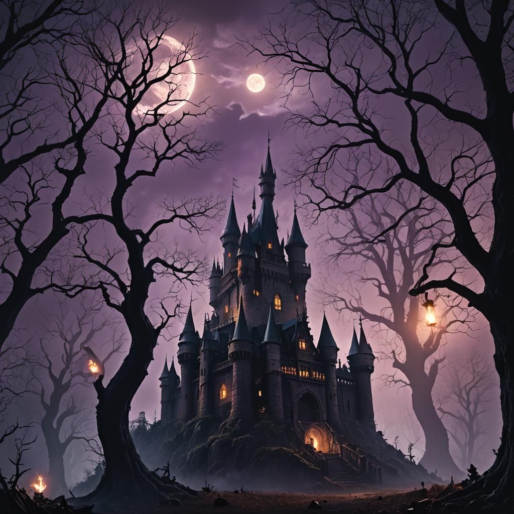 Evil Castle in Dark Forest: Gothic Fantasy Art