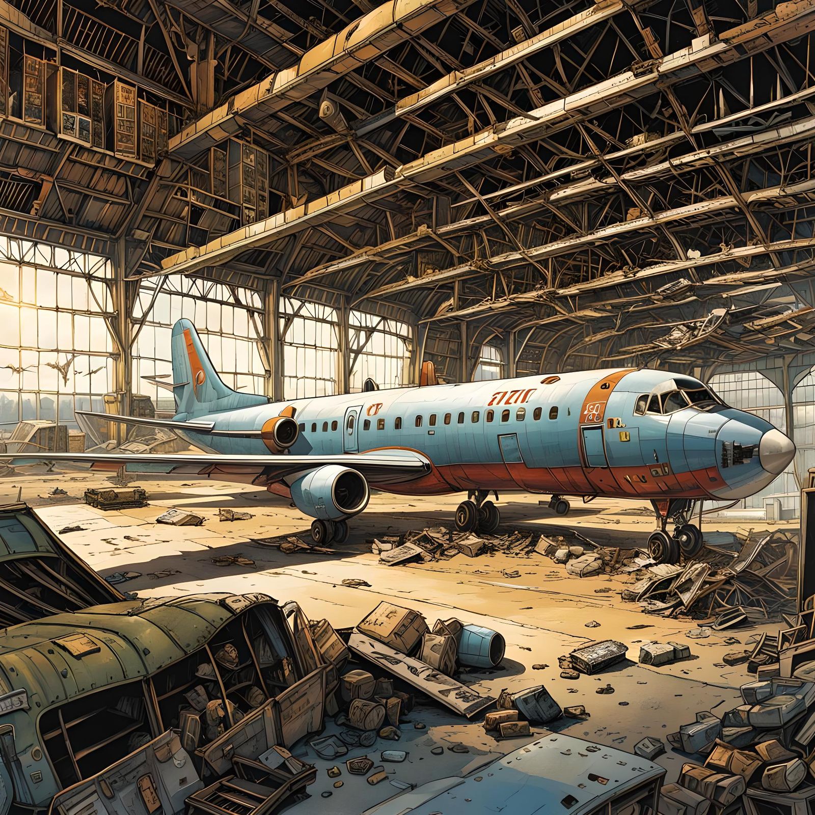 Post-Apocalyptic Airport in Comic Book Style