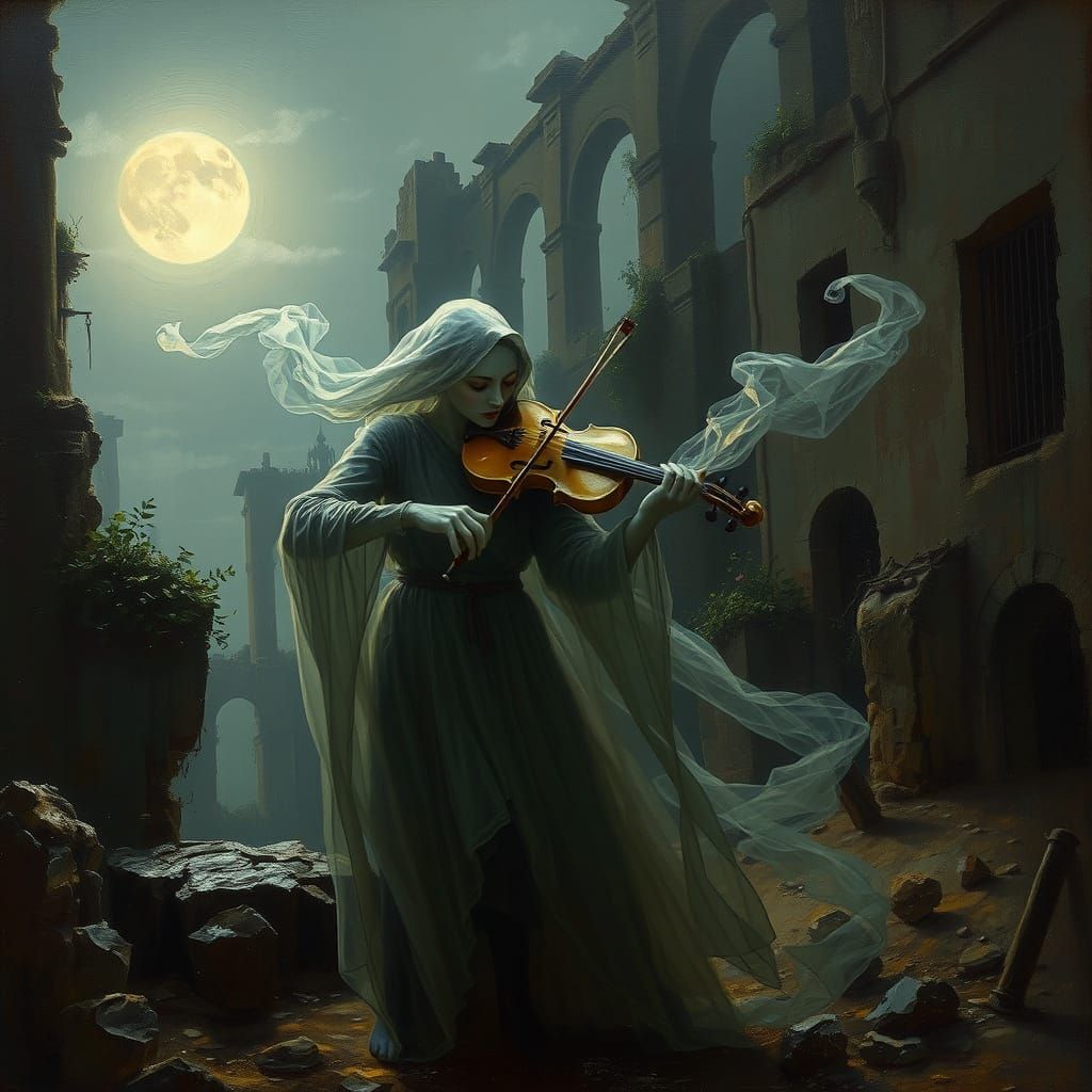 Ghostly Musician in Ancient City Ruins, Impasto Oil Painting...