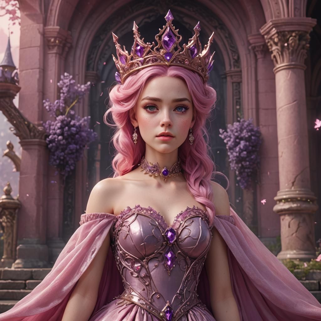 Pink Princess with Amethyst Crown in Detailed Digital Painti...